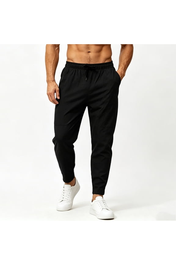 Men Drawstring Elastic High Waist Front Split Seam Cuffed Ankle Quick Dry Woven Jogger Pants Deep Side Slip Pockets Wrinkle Free Lightweight Urban Daily Casual Trousers M