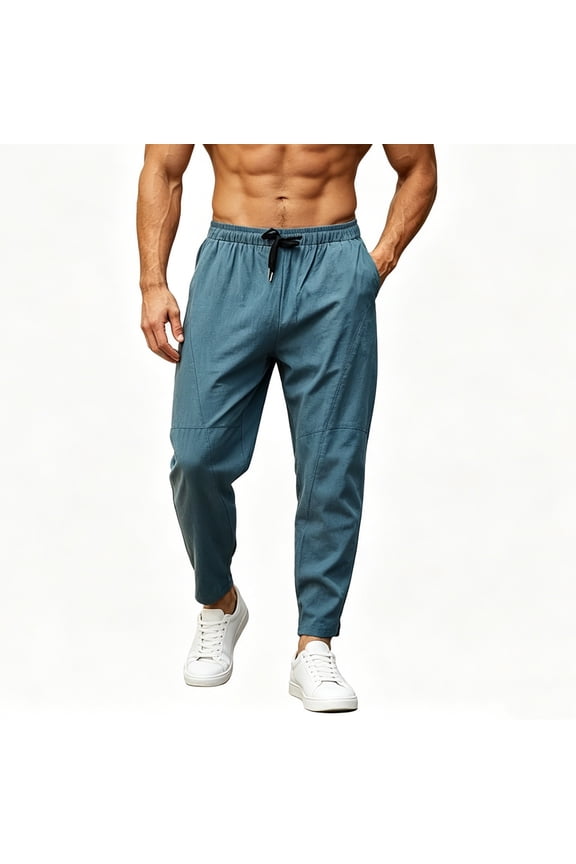 Men Drawstring Elastic High Waist Front Split Seam Cuffed Ankle Quick Dry Woven Jogger Pants Deep Side Slip Pockets Wrinkle Free Lightweight Urban Daily Casual Trousers XS