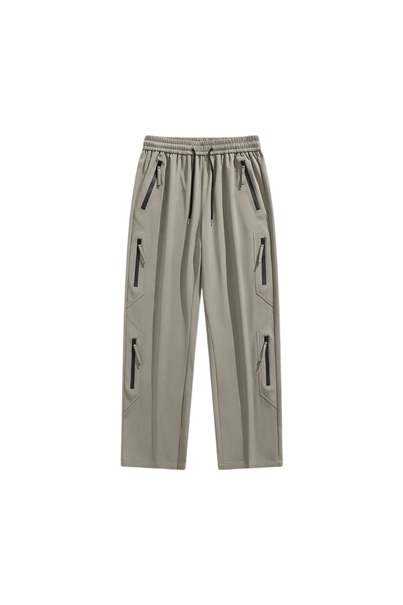 Men Drawstring Elastic High Waist Multi Angled Zipper Pocket Straight Wide Leg Woven Pants Deep Side Slip Pockets Wrinkle Free Lightweight Urban Street Trousers M