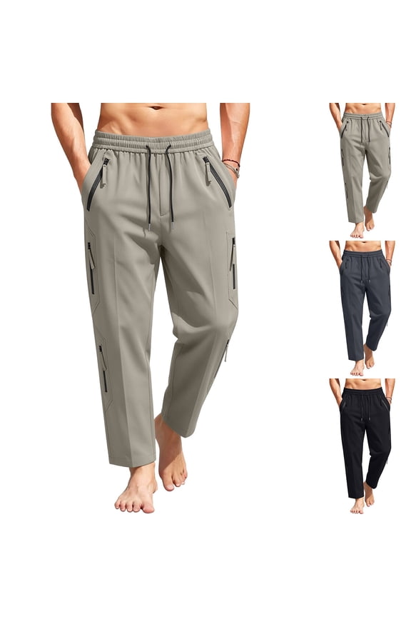 Men Drawstring Elastic High Waist Multi Angled Zipper Pocket Straight Wide Leg Woven Pants Deep Side Slip Pockets Wrinkle Free Lightweight Urban Street Trousers L