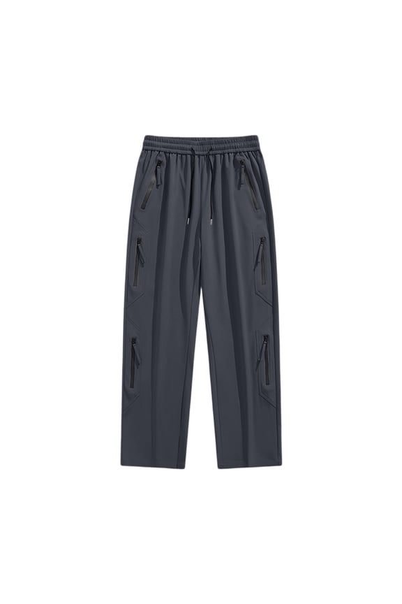 Men Drawstring Elastic High Waist Multi Angled Zipper Pocket Straight Wide Leg Woven Pants Deep Side Slip Pockets Wrinkle Free Lightweight Urban Street Trousers M