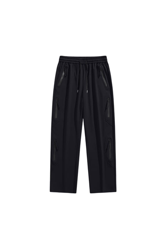 Men Drawstring Elastic High Waist Multi Angled Zipper Pocket Straight Wide Leg Woven Pants Deep Side Slip Pockets Wrinkle Free Lightweight Urban Street Trousers M