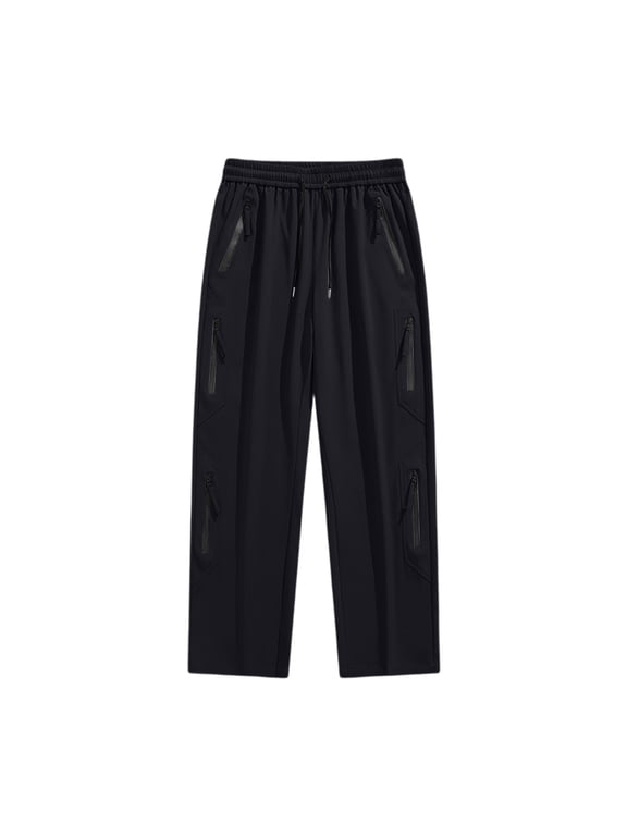 Men Drawstring Elastic High Waist Multi Angled Zipper Pocket Straight Wide Leg Woven Pants Deep Side Slip Pockets Wrinkle Free Lightweight Urban Street Trousers M