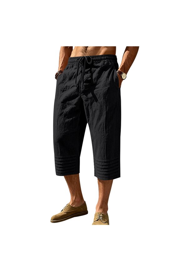 Men Drawstring Elastic High Waist Multi Stitch Hem Knee Length Linen Capri Pants Deep Side Pockets Wrinkle Free Breathable Hot Season Daily Casual Trousers XXXL