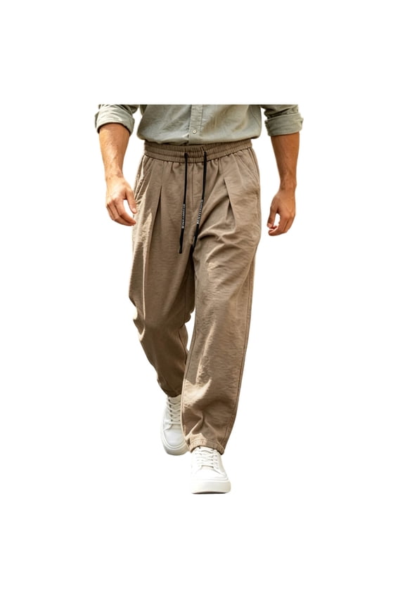 Men Drawstring Elastic High Waist Pleated Cuffed Ankle Loose Woven Jogger Pants Deep Side Slip Pockets Lightweight Crinkle Fabric Outdoor Daily Casual Trousers M