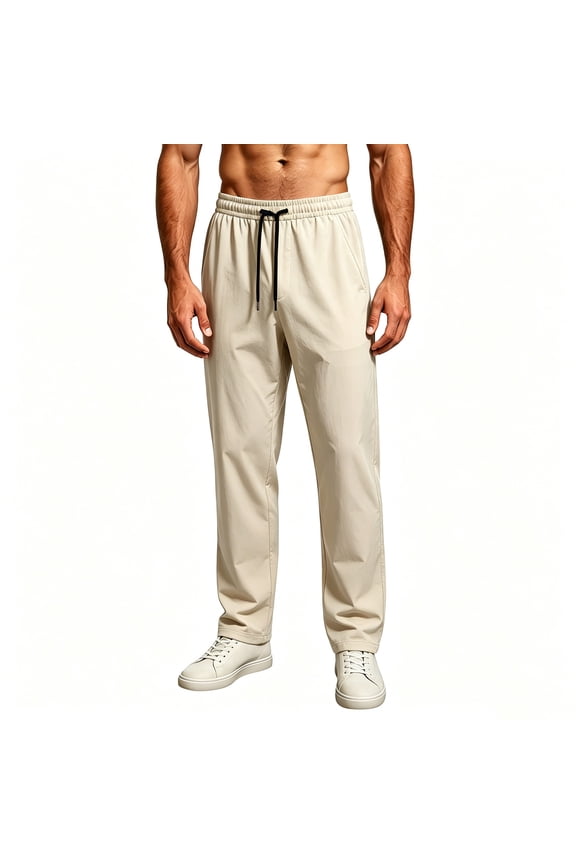 Men Drawstring Elastic High Waist Straight Leg Quick Dry Woven Casual Pants Deep Side Slip Pockets Wrinkle Resistant Lightweight Urban Commute Sightseeing Daily Trousers L