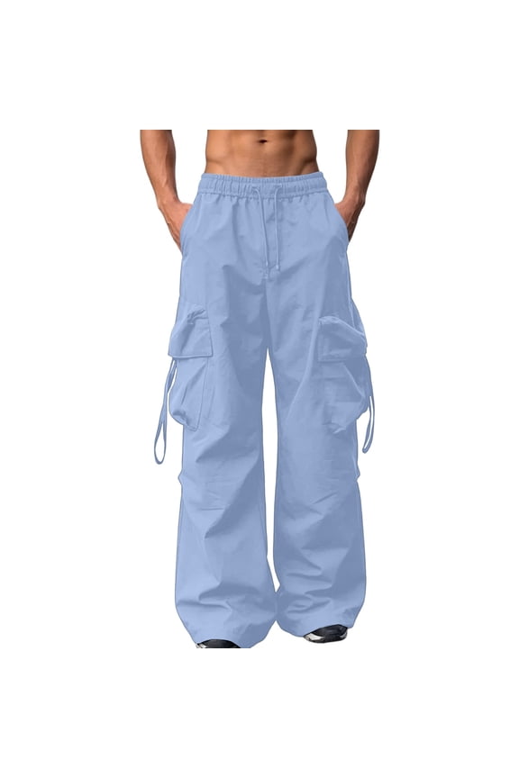 Men Drawstring Elastic Waist Oversized Wide Leg Multi Strap Flap Cargo Parachute Pants Quick Dry Ripstop Urban Skate Street Trousers Blue XL