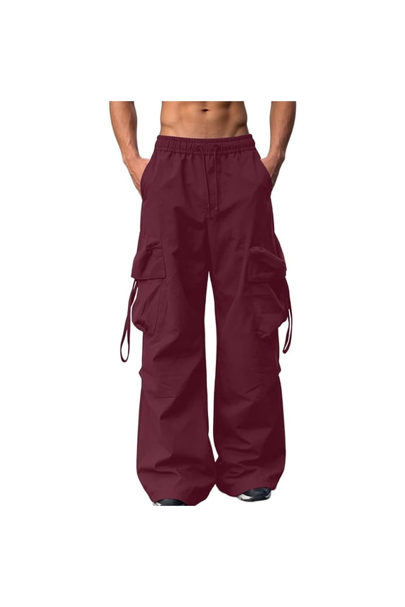 Men Drawstring Elastic Waist Oversized Wide Leg Multi Strap Flap Cargo Parachute Pants Quick Dry Ripstop Urban Skate Street Trousers Red XXL