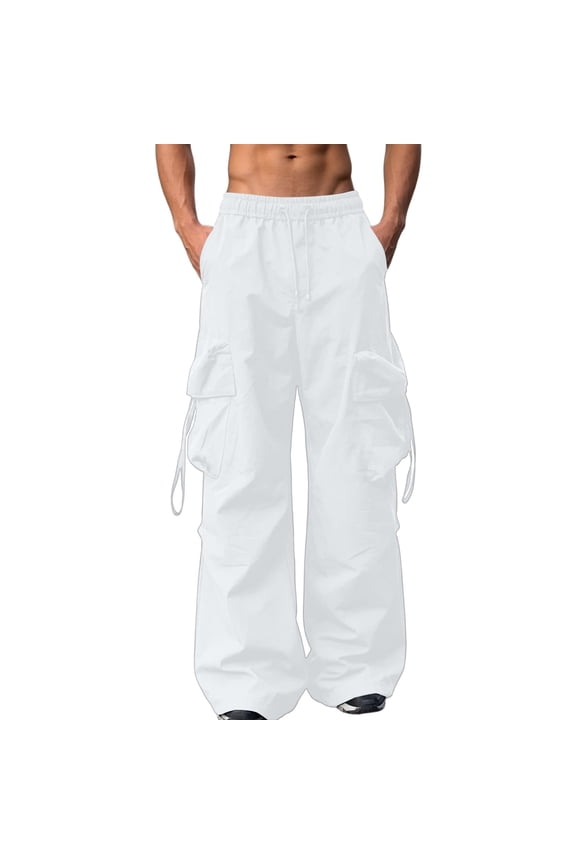 Men Drawstring Elastic Waist Oversized Wide Leg Multi Strap Flap Cargo Parachute Pants Quick Dry Ripstop Urban Skate Street Trousers White XS