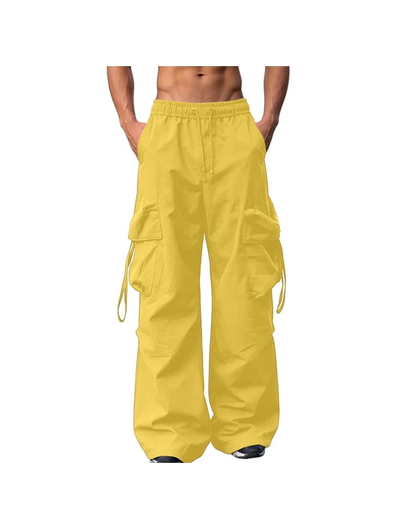 Men Drawstring Elastic Waist Oversized Wide Leg Multi Strap Flap Cargo Parachute Pants Quick Dry Ripstop Urban Skate Street Trousers Yellow XXS