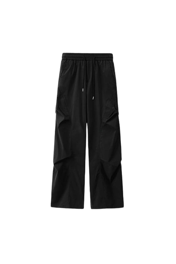 Men Drawstring Elastic Waist Pleated Knee Wide Leg Parachute Pants Quick Dry Woven Oversized Street Skate Loose Fit Trousers Black XXXXL