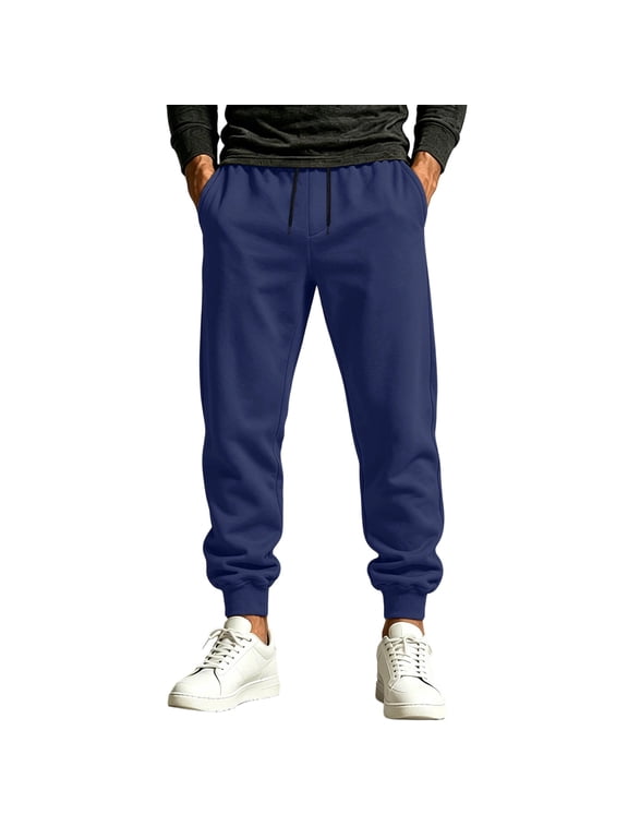 Men Drawstring Elastic Waist Rib Ankle Jogger Sweat Pants Smooth Solid Knit Dual Side Slip Pockets Urban Street Daily Walking Trousers Blue S