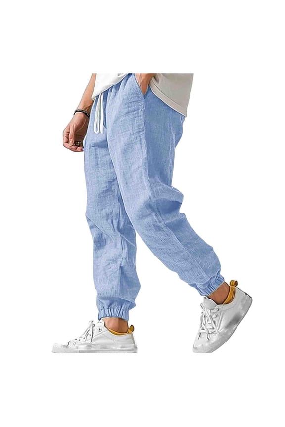 Men Drawstring Elastic Waist Rib Ankle Woven Linen Jogger Pants Lightweight Breathable Oversized Street Travel Beach Trousers Blue L