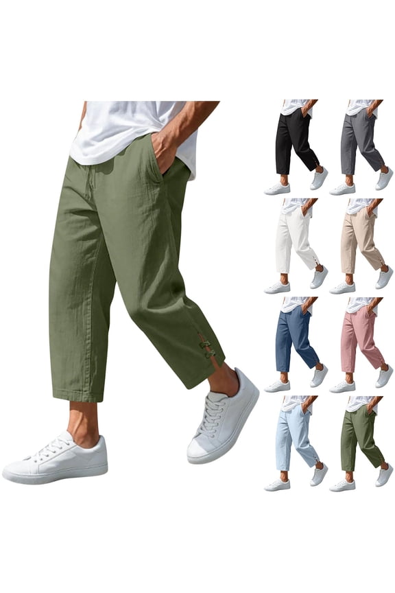 Men Drawstring Elastic Waist Split Hem Cropped Linen Capri Pants Crinkle Wrinkle Resistant Summer City Daily Casual Walking Trousers Green L