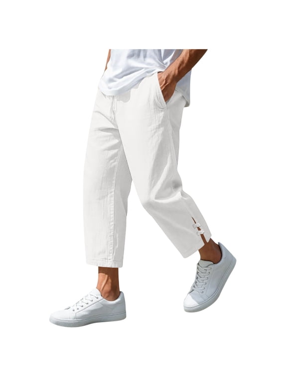 Men Drawstring Elastic Waist Split Hem Cropped Linen Capri Pants Crinkle Wrinkle Resistant Summer City Daily Casual Walking Trousers White XL