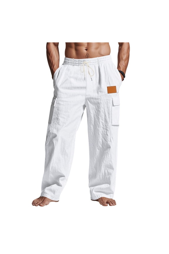Men Drawstring Elastic Waist Straight Linen Cargo Pants Dual Side Patch Pockets Small Leather Label Crinkle Breathable Beach Resort Vacation Trousers White S