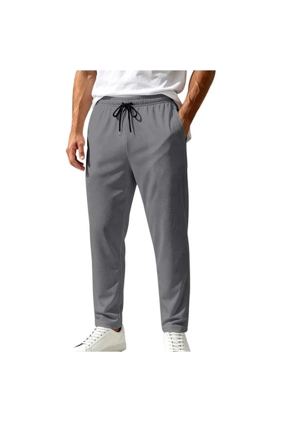 Men Drawstring Elastic Waist Straight Tapered Quick Dry Waffle Pants Dual Side Slip Pockets Breathable Gym Commute Summer Athletic Trousers Gray S