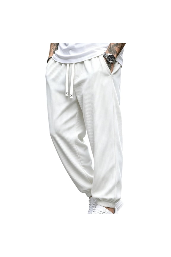 Men Drawstring Elastic Waist Vertical Rib Knit Jogger Pants Rib Ankle Cuff Soft Textured Oversized Urban Skate Streetwear Trousers White S