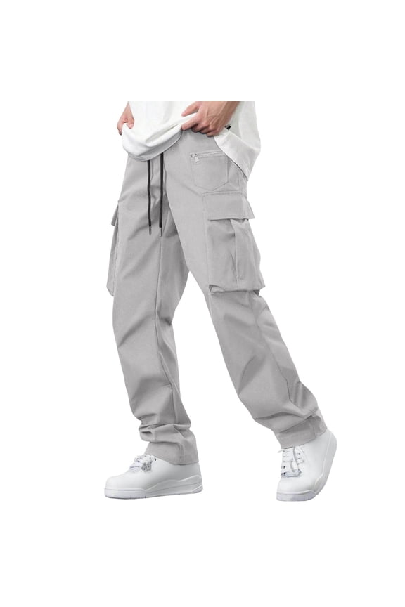 Men Drawstring Elastic Waist Wide Leg Cargo Pants Multi Zipper Flap Pockets Quick Dry Ripstop Baggy Urban Skate Street Trousers Gray S