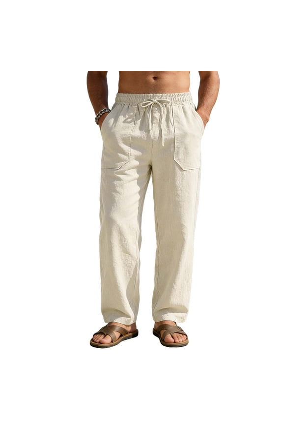 Men Drawstring Elastic Waist Wide Leg Linen Pants Large Patch Side Pockets Loose Oversized Breathable Summer Beach Vacation Trousers Beige XL