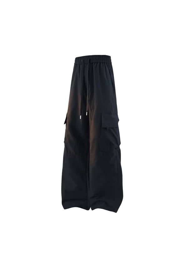 Men Drawstring Elastic Waist Wide Leg Multi Flap Cargo Parachute Pants Quick Dry Ripstop Oversized Urban Skate Street Utility Trousers Black S