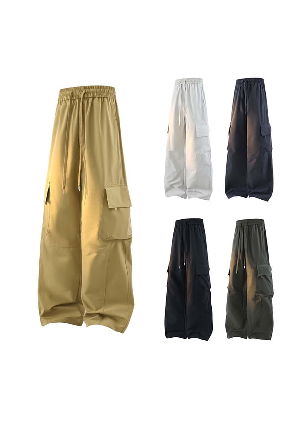 Men Drawstring Elastic Waist Wide Leg Multi Flap Cargo Parachute Pants Quick Dry Ripstop Oversized Urban Skate Street Utility Trousers Green L