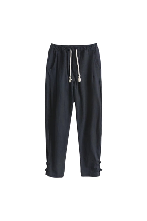 Men Drawstring Waist Linen Straight Ankle Pants Side Traditional Frog Buttons Crinkle Breathable Oriental Style Vacation Casual Trousers Black XXXXXL