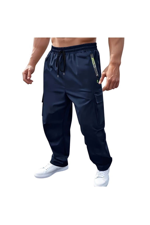 Men Drawstring Waist Multi Flap Cargo Jogger Pants Side Zip Security Pockets Quick Dry Ripstop Loose Fit Outdoor Street Utility Trousers Blue XL