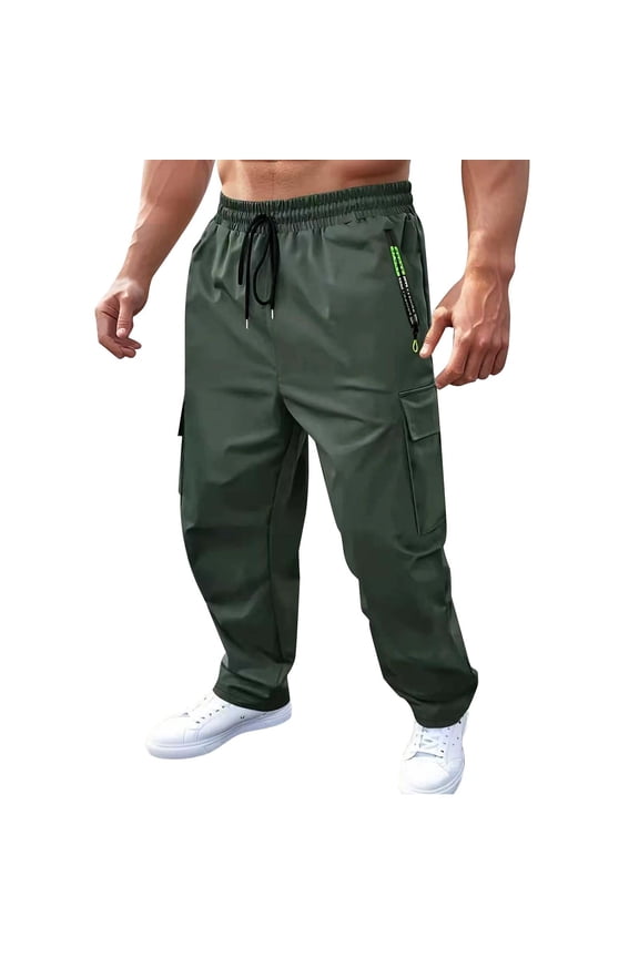 Men Drawstring Waist Multi Flap Cargo Jogger Pants Side Zip Security Pockets Quick Dry Ripstop Loose Fit Outdoor Street Utility Trousers Green S