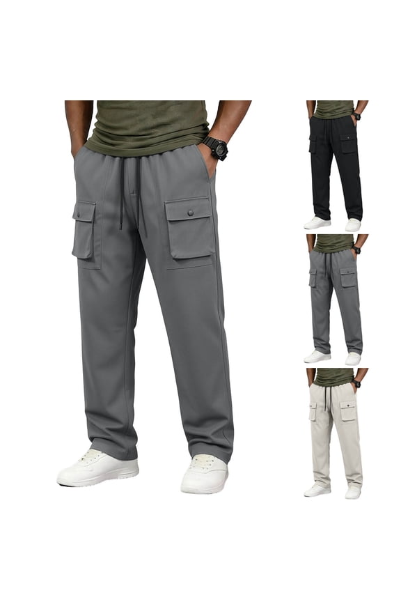 Men Drawstring Waist Straight Soft Fabric Cargo Pants Dual Snap Flap Pockets Wrinkle Resistant Relaxed Fit Daily Commute City Casual Trousers Black L