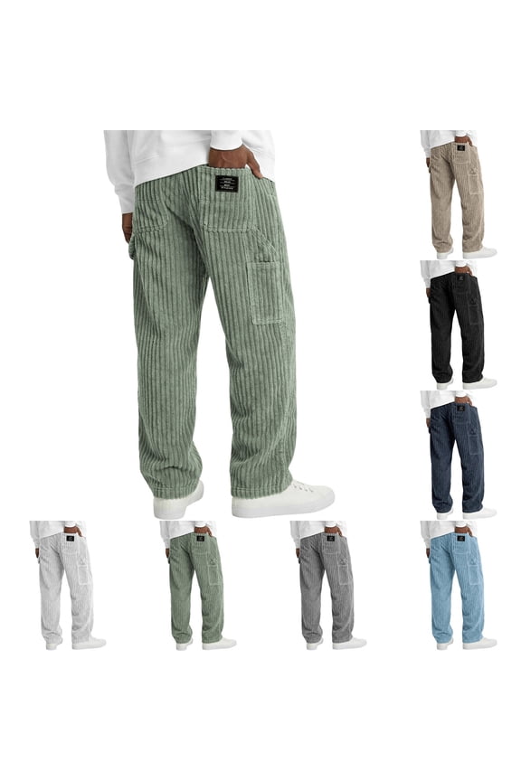 Men Drawstring Waist Vertical Thick Corduroy Multi Patch Cargo Straight Pants Warm Vintage Autumn Winter Street Loose Fit Trousers Black L