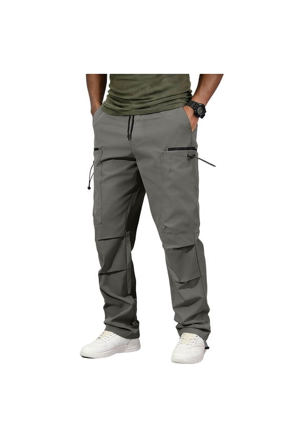 Men Drawstring Waist Wide Leg Multi Drawstring Cargo Pants Dual Side Zipper Pockets Quick Dry Ripstop Baggy Urban Skate Utility Trousers Gray M