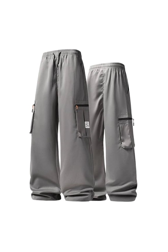 Men Drawstring Waist Wide Leg Multi Drawstring Cargo Pants Dual Side Zipper Pockets Quick Dry Ripstop Baggy Urban Skate Utility Trousers Gray XS