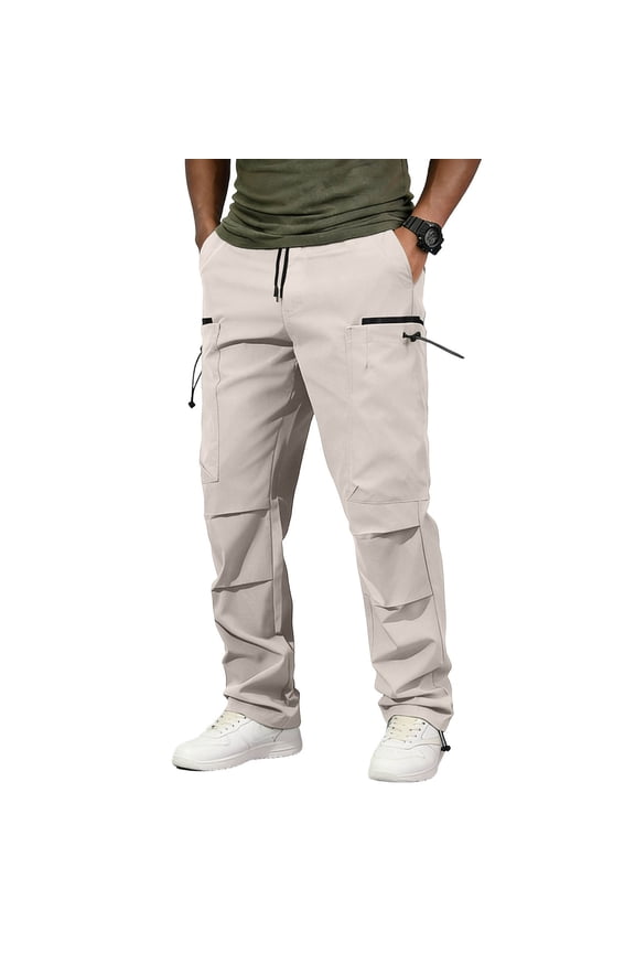 Men Drawstring Waist Wide Leg Multi Drawstring Cargo Pants Dual Side Zipper Pockets Quick Dry Ripstop Baggy Urban Skate Utility Trousers White XXL