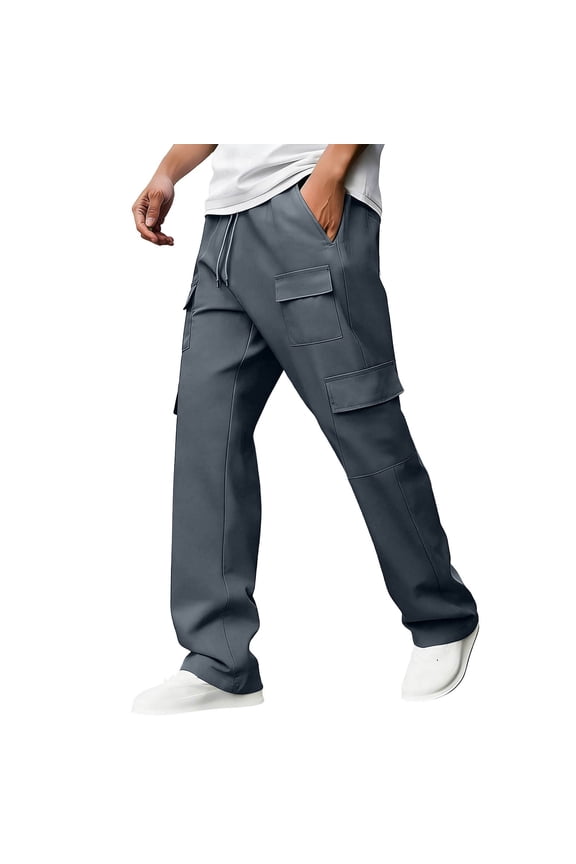 Men Drawstring Waist Wide Leg Multi Layer Patch Cargo Pants Loose Straight Full Leg Smooth Woven Street Hip Hop Daily Walking Trousers Gray S