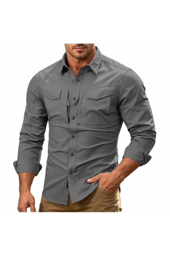 Men Dual Flap Pocket Long Sleeve Tactical Button Down Shirt Zipper Detail Chest Pockets Quick Dry Outdoor Work Hiking Tops Gray M