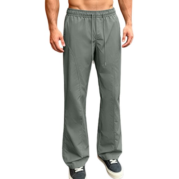 Timoontee Men Dual Metal Tip Drawstring Elastic High Waist Curved Seam Straight Flare Quick Dry Woven Pants Deep Side Slip Pockets Stretch Breathable Urban Street Casual Trousers S
