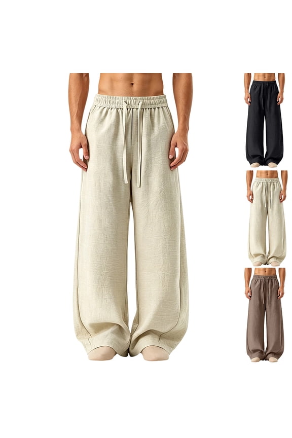Men Dual Thin Drawstring Elastic High Waist Oversized Wide Leg Crinkle Linen Blend Pants Deep Side Pockets Lightweight Loose Fit Beach Sightseeing Daily Casual Trousers L