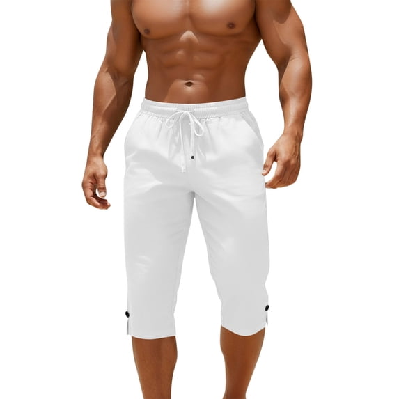 Timoontee Men Elastic Drawstring Capri Sweat Pants Side Button Adjustable Cuff Soft Stretch Knit Lightweight Summer Gym Walking Casual Trousers White L