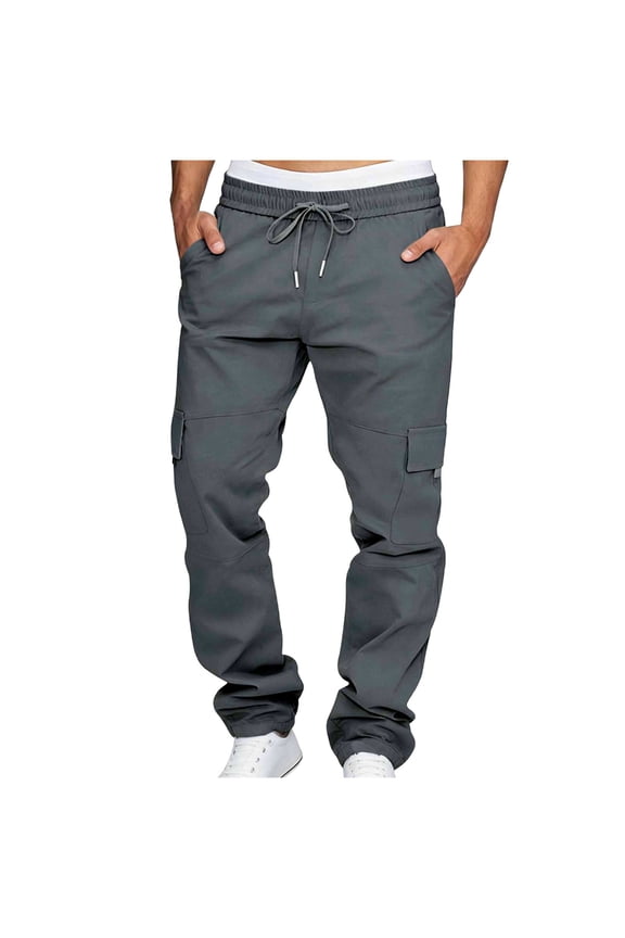 Men Elastic Drawstring Cargo Jogger Pants Multi Flap Cargo Pockets Quick Dry Ripstop Outdoor Work Walking Utility Trousers Gray S