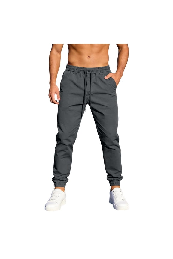 Men Elastic Drawstring Waist Jogger Chino Pants Button Fly Ribbed Ankle Cuffs Four Pocket Twill Relaxed Fit Street Walking Casual Trousers Gray M