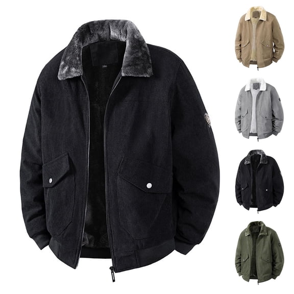Timoontee Men Faux Fur Collar Corduroy Fleece JacketFull Zip & SnapRelaxed FitWarm Windproof Cold Coat Green L