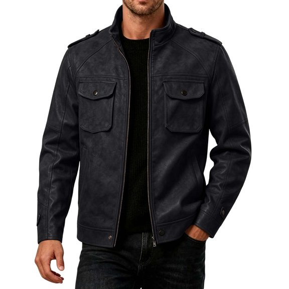 Timoontee Men Faux Leather Military JacketStand Collar with Shoulder EpauletsDual Flap Button PocketsFull ZipCasual Outerwear for Commuting and Daily Wear Black S