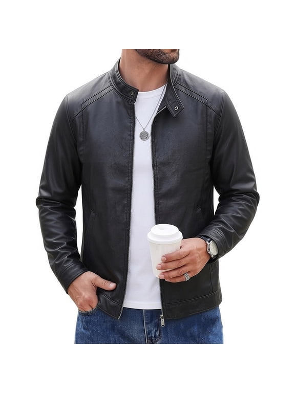 Men Faux Leather Motorcycle Jacket Stand Collar Full Zip Multi Zipper Pockets Classic Biker Style Windproof Outer Coat For Daily Riding Street Night Out Male Fashion Outerwear Black XXS