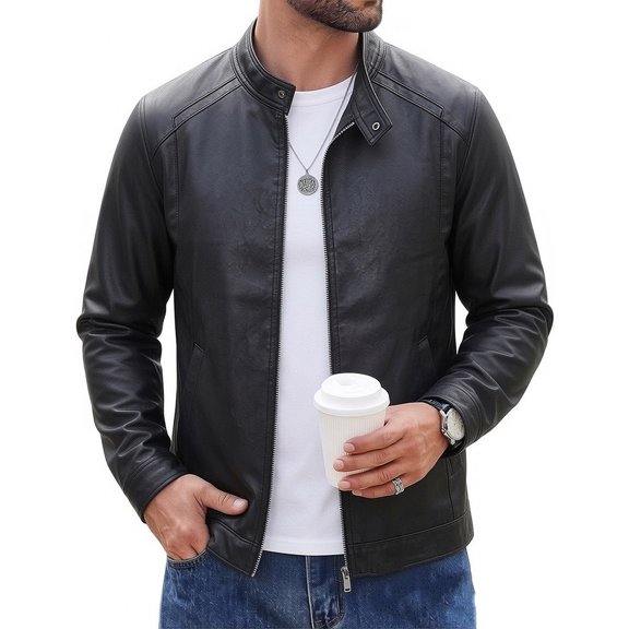 Timoontee Men Faux Leather Motorcycle Jacket Stand Collar Full Zip Multi Zipper Pockets Classic Biker Style Windproof Outer Coat For Daily Riding Street Night Out Male Fashion Outerwear Black M