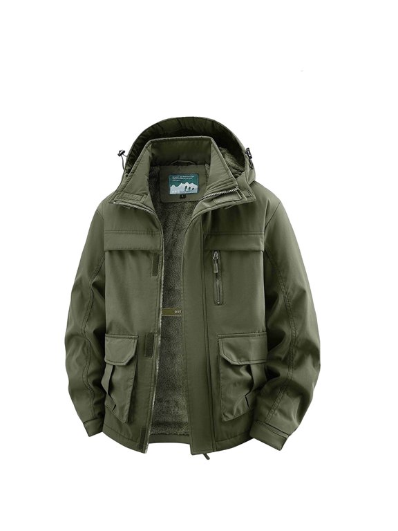 Men Fleece Lined Hooded Tactical Jacket Full Zip Multi Pockets Adjustable Hood Cuffs Wind Resistant Loose Fit Winter Outdoor Outerwear Green XXXXL