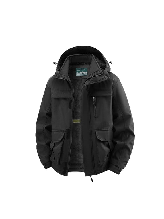 Men Fleece Lined Hooded Tactical Jacket Full Zip Multi Pockets Adjustable Hood Cuffs Wind Resistant Loose Fit Winter Outdoor Outerwear Black XXXL