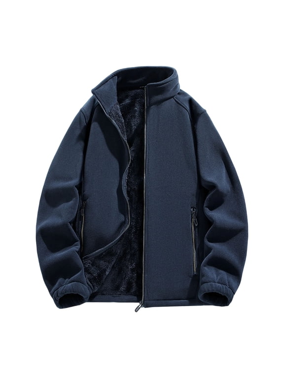 Men Fleece Lined Jacket Soft Thick Warm Regular Fit Outerwear For Fall Winter Layering Hiking Commuting Daily Wear Blue XL
