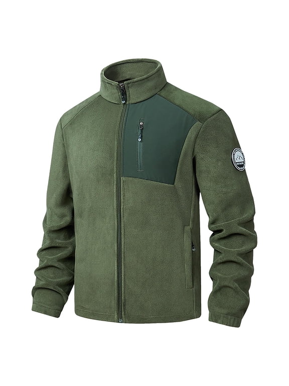 Men Full Zip Fleece Jacket Embroidered Badge Warm Outerwear For Hiking Camping Travel Fall Winter Daily Wear Green XXXL