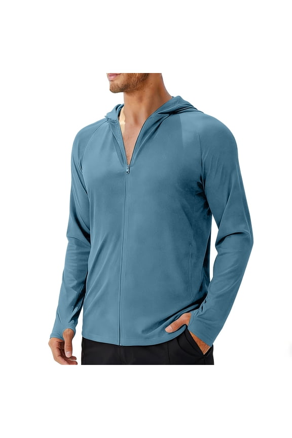Men Full Zip Hooded UPF Sun Protection Jacket Raglan Sleeve Thumb Hole Cuff Zipper Side Pockets Lightweight Outdoor Athletic Tops Blue M
